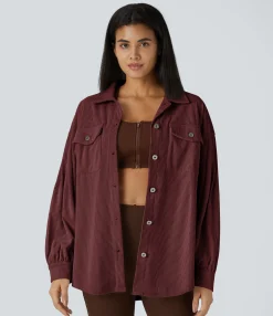 Jackets & Outerwear<HALARA Pocket Long sleeve Curved Hem Corduroy Casual Jacket