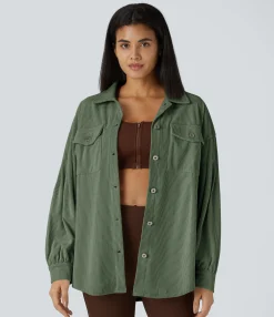 Jackets & Outerwear<HALARA Pocket Long sleeve Curved Hem Corduroy Casual Jacket