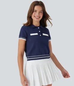 Casual Tops|Sweaters<HALARA Polo Button Front Short Sleeve Casual Sweater Knit Top