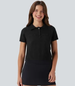 Casual Tops|Sweaters<HALARA Polo Button Front Short Sleeve Casual Sweater Knit Top