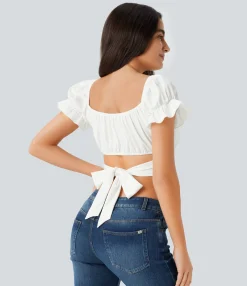 Casual Tops<HALARA Puff Sleeve Crossover Tie Back Cropped Casual Top