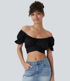 Casual Tops<HALARA Puff Sleeve Crossover Tie Back Cropped Casual Top