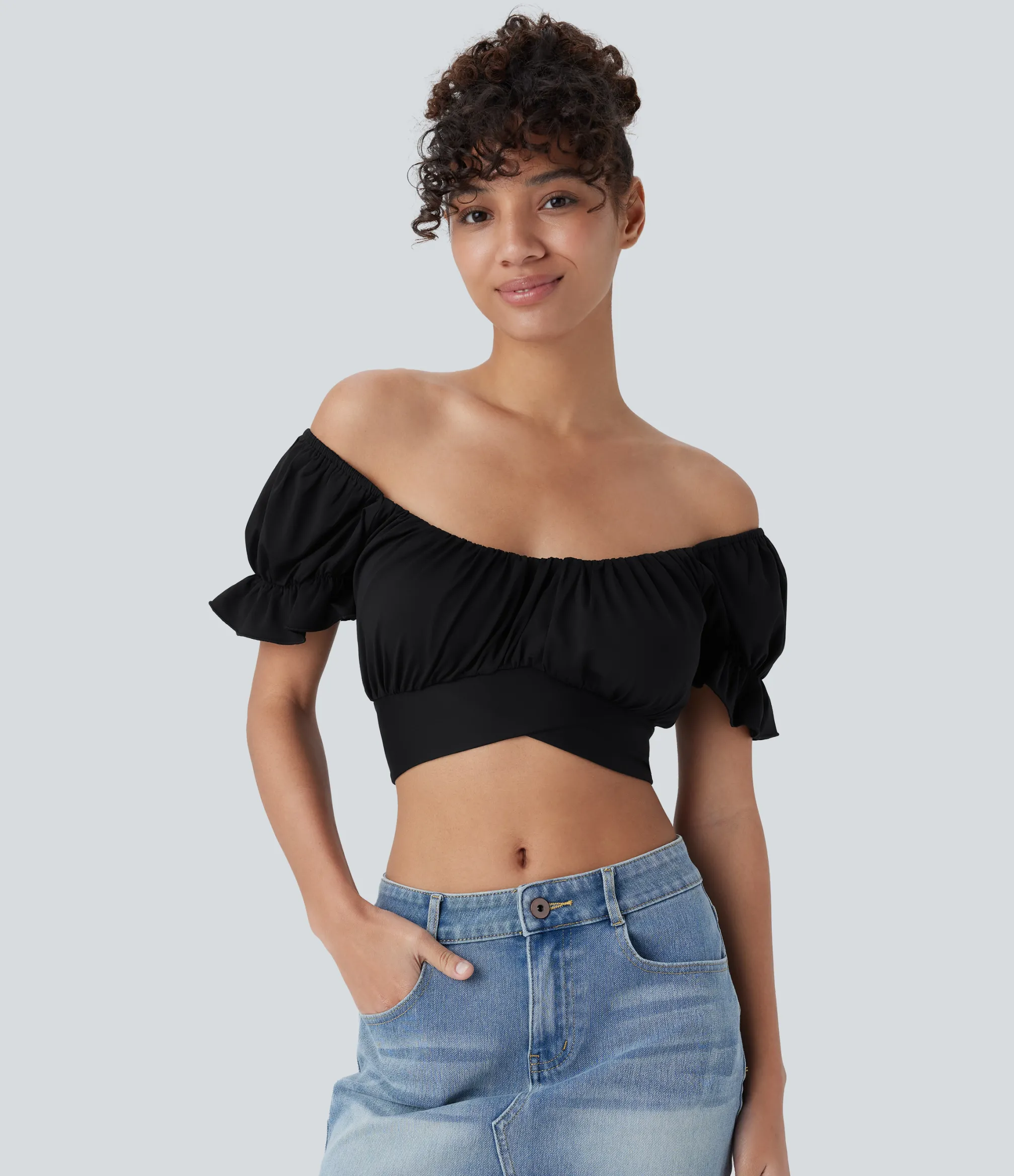 Casual Tops<HALARA Puff Sleeve Crossover Tie Back Cropped Casual Top