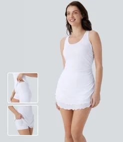 Dresses|Mini Dresses<HALARA Racerback Ruched Lettuce Trim 2 Piece Set Pocket Skinny Mini Dance Active Tank Dress