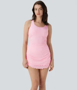 Dresses|Mini Dresses<HALARA Racerback Ruched Lettuce Trim 2 Piece Set Pocket Skinny Mini Dance Active Tank Dress
