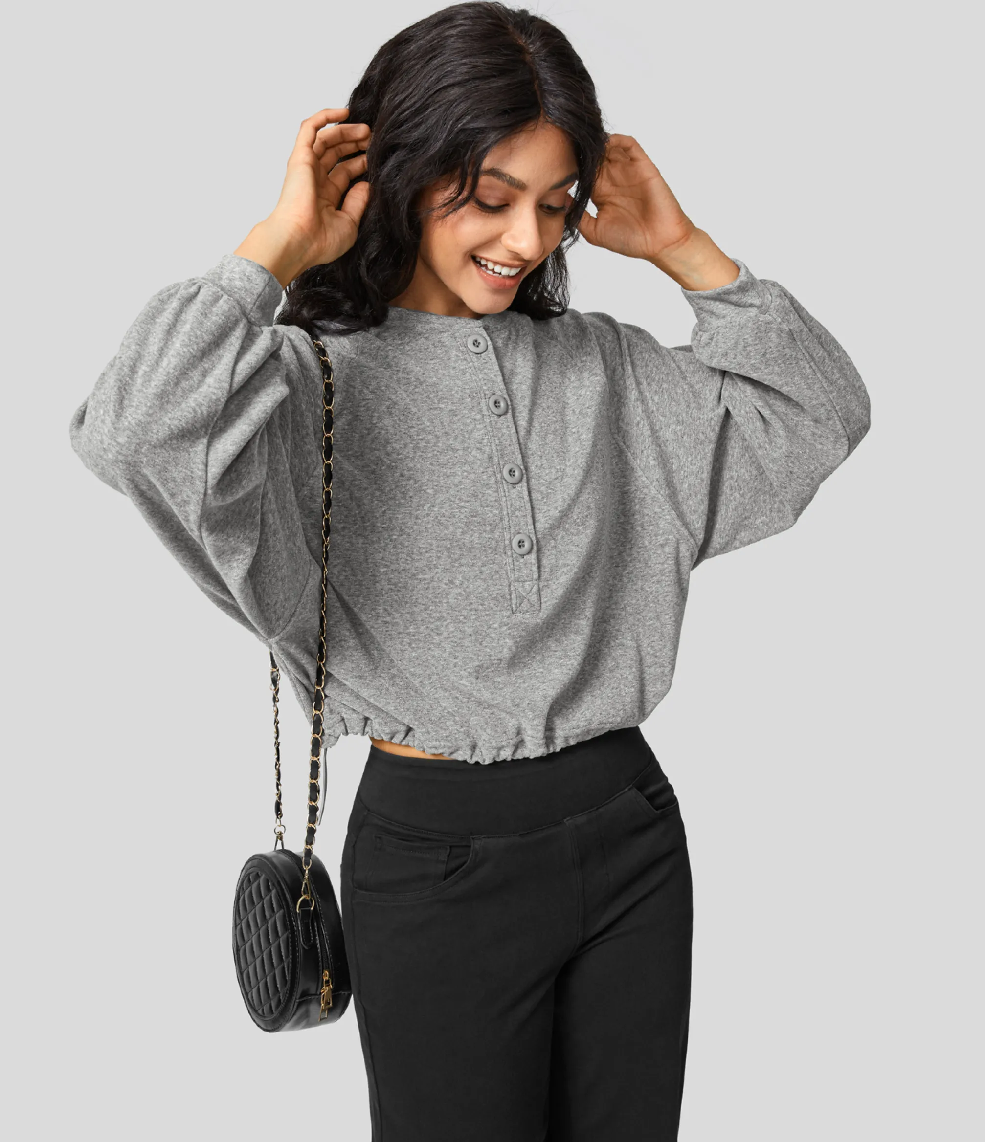 Casual Tops<HALARA Raglan Sleeve Adjustable Drawstring Hem Casual Sweatshirt