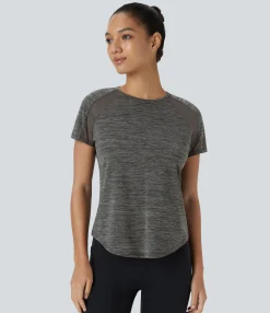 Sports Tops|Sports Tops<HALARA Raglan Sleeve Contrast Mesh Curved Hem Workout Sports Top