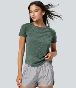 Sports Tops|Sports Tops<HALARA Raglan Sleeve Contrast Mesh Curved Hem Workout Sports Top