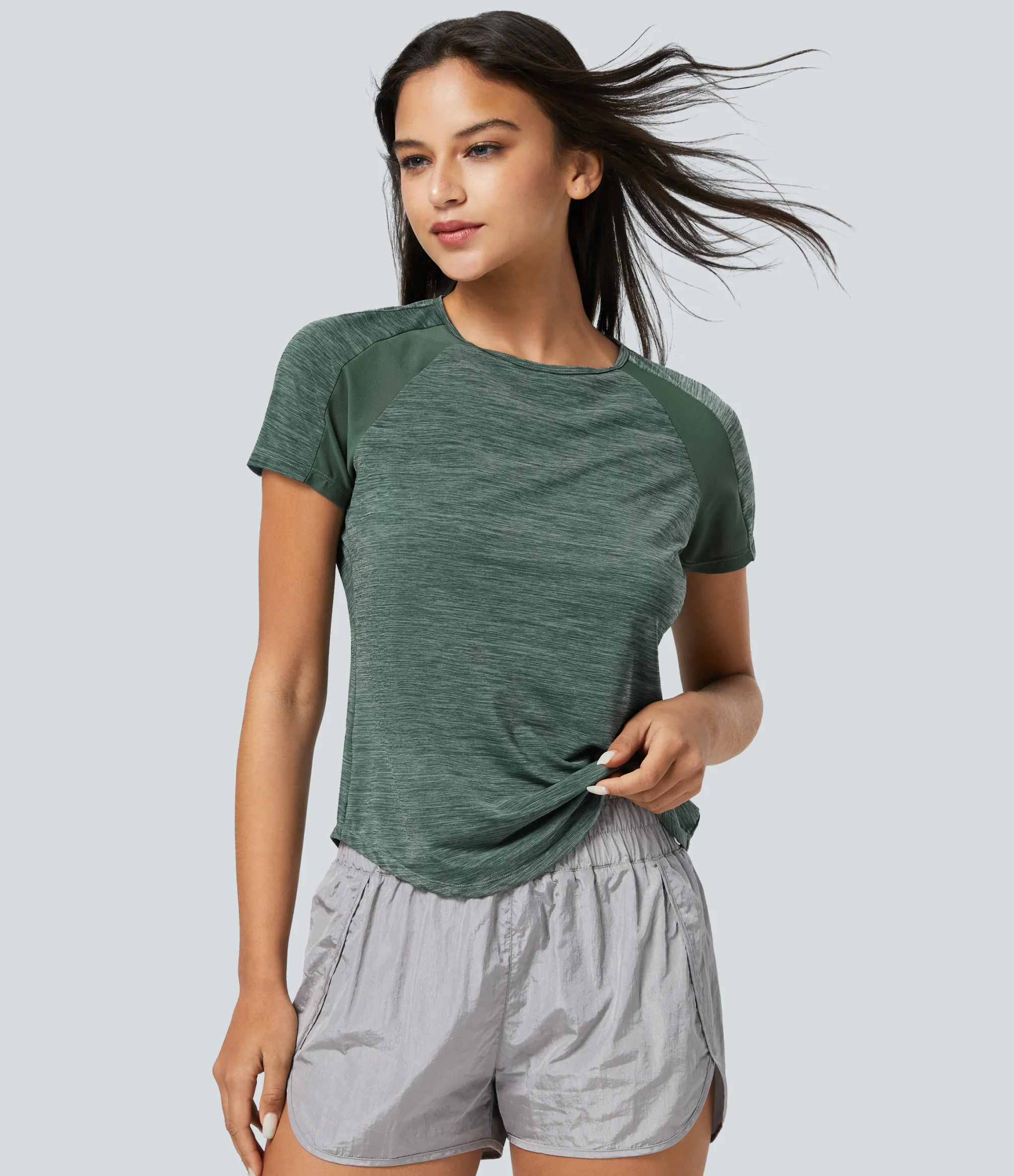 Sports Tops|Sports Tops<HALARA Raglan Sleeve Contrast Mesh Curved Hem Workout Sports Top