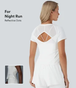Sports Tops|Sports Tops<HALARA Reflective Round Neck Short Sleeve Contrast Mesh Cut Out Cool Touch Quick Dry Running Sports Top