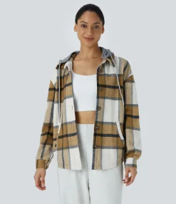 Jackets & Outerwear<HALARA Removable Hood Drawstring Long Sleeve Pocket Plaid Casual Jacket