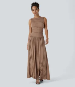 Maxi & Midi Dresses|Dresses<HALARA Ribbed Boat Neck Asymmetric Strap Ruched Pocket Flowy Maxi Casual Dress