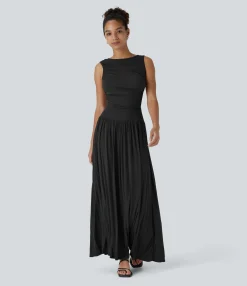 Maxi & Midi Dresses|Dresses<HALARA Ribbed Boat Neck Asymmetric Strap Ruched Pocket Flowy Maxi Casual Dress
