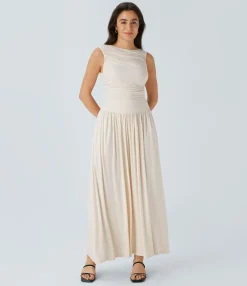Maxi & Midi Dresses|Dresses<HALARA Ribbed Boat Neck Asymmetric Strap Ruched Pocket Flowy Maxi Casual Dress