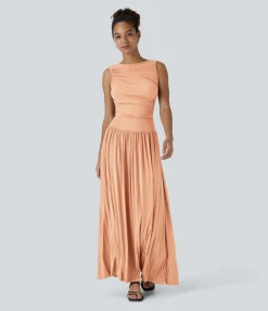 Maxi & Midi Dresses|Dresses<HALARA Ribbed Boat Neck Asymmetric Strap Ruched Pocket Flowy Maxi Casual Dress