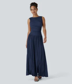 Maxi & Midi Dresses|Dresses<HALARA Ribbed Boat Neck Asymmetric Strap Ruched Pocket Flowy Maxi Casual Dress