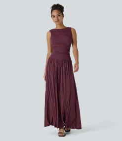 Maxi & Midi Dresses|Dresses<HALARA Ribbed Boat Neck Asymmetric Strap Ruched Pocket Flowy Maxi Casual Dress