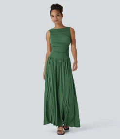 Maxi & Midi Dresses|Dresses<HALARA Ribbed Boat Neck Asymmetric Strap Ruched Pocket Flowy Maxi Casual Dress