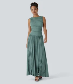 Maxi & Midi Dresses|Dresses<HALARA Ribbed Boat Neck Asymmetric Strap Ruched Pocket Flowy Maxi Casual Dress