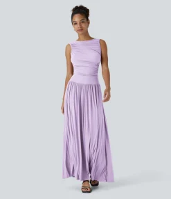 Maxi & Midi Dresses|Dresses<HALARA Ribbed Boat Neck Asymmetric Strap Ruched Pocket Flowy Maxi Casual Dress