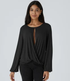 Casual Tops<HALARA Ribbed Boat Neck Crossover Cut Out Long Sleeve Casual Top