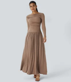 Maxi & Midi Dresses|Dresses<HALARA Ribbed Boat Neck Long Sleeve Ruched Pocket Flowy Maxi Casual Dress