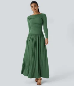 Maxi & Midi Dresses|Dresses<HALARA Ribbed Boat Neck Long Sleeve Ruched Pocket Flowy Maxi Casual Dress