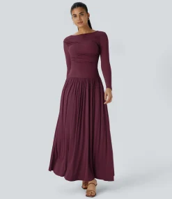 Maxi & Midi Dresses|Dresses<HALARA Ribbed Boat Neck Long Sleeve Ruched Pocket Flowy Maxi Casual Dress