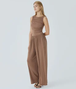 Jumpsuits<HALARA Ribbed Boat Neck Sleeveless Back Ruched Pocket Wide Leg Casual Jumpsuit