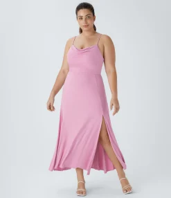Plus Size<HALARA Ribbed Cowl Neck Lace Up Midi Plus Size Dress