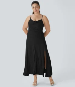 Plus Size<HALARA Ribbed Cowl Neck Lace Up Midi Plus Size Dress