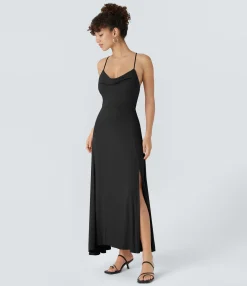 Party Dresses|Maxi & Midi Dresses<HALARA Ribbed Cowl Neck Lace Up Midi Dress