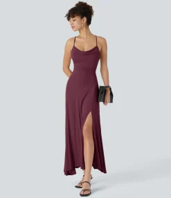 Party Dresses|Maxi & Midi Dresses<HALARA Ribbed Cowl Neck Lace Up Midi Dress