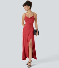 Party Dresses|Maxi & Midi Dresses<HALARA Ribbed Cowl Neck Lace Up Midi Dress