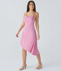Dresses|Party Dresses<HALARA Ribbed Cowl Neck Lace Up Asymmetric Hem Midi Dress