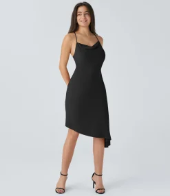 Dresses|Party Dresses<HALARA Ribbed Cowl Neck Lace Up Asymmetric Hem Midi Dress
