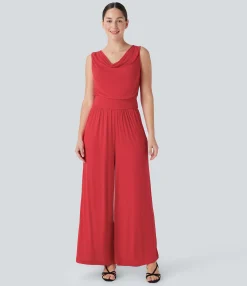 Jumpsuits<HALARA Ribbed Cowl Neck Sleeveless Wide Leg Casual Jumpsuit with Pockets