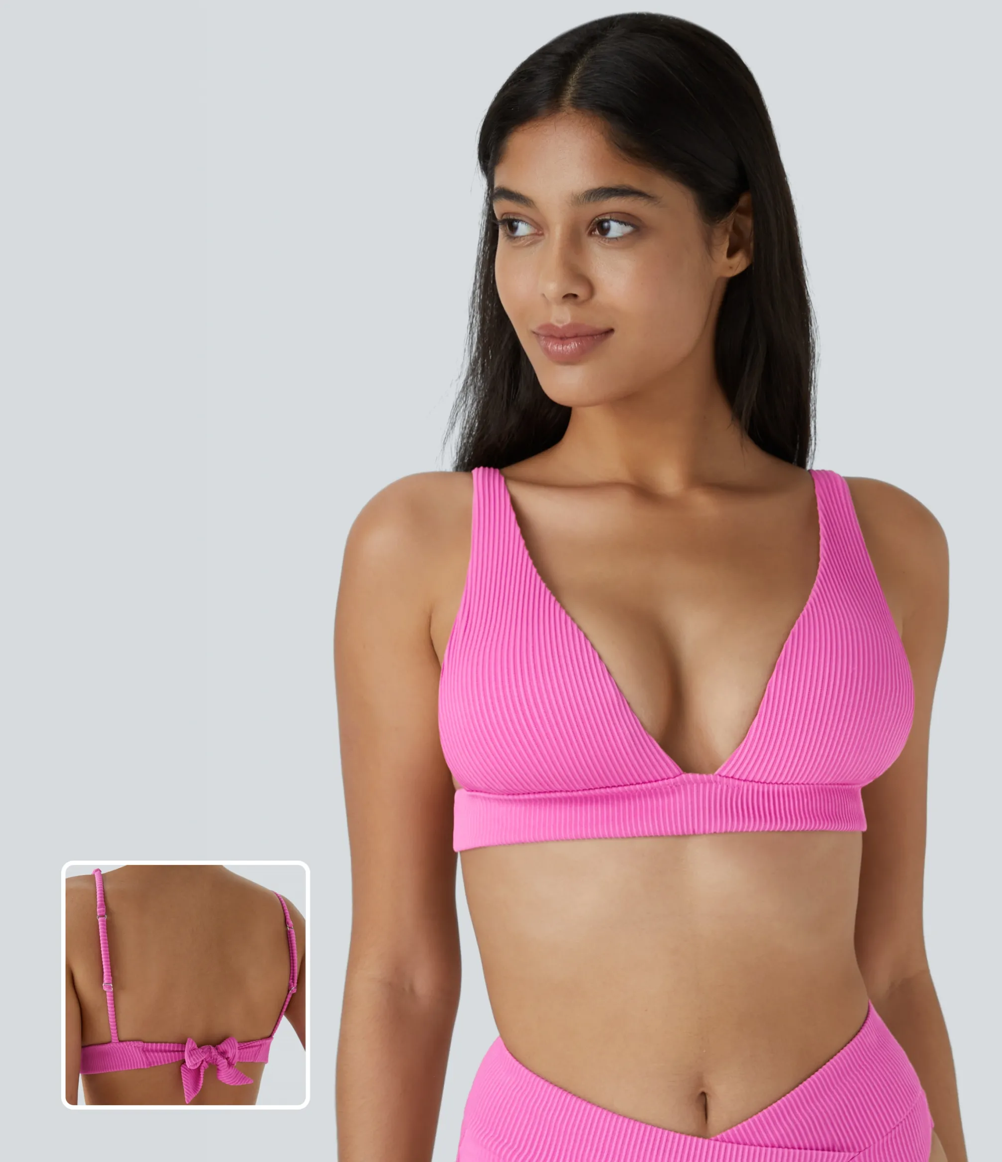 Beachwear<HALARA Ribbed Deep V Neck Tie Back Bikini Top Swimsuit