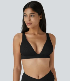Beachwear<HALARA Ribbed Deep V Neck Tie Back Bikini Top Swimsuit