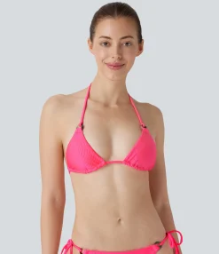 Beachwear<HALARA Ribbed Halter Lace Up Triangle Bikini Top Swimsuit Coral Pink