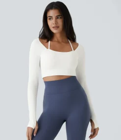 Yoga Tops|Sports Tops<HALARA Ribbed Halter Strap Thumb Hole Cropped Yoga Sports Top