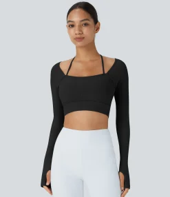 Yoga Tops|Sports Tops<HALARA Ribbed Halter Strap Thumb Hole Cropped Yoga Sports Top