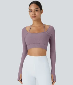 Yoga Tops|Sports Tops<HALARA Ribbed Halter Strap Thumb Hole Cropped Yoga Sports Top