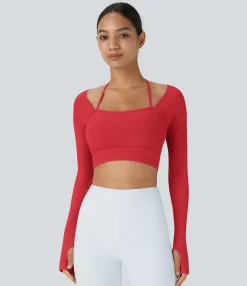 Yoga Tops|Sports Tops<HALARA Ribbed Halter Strap Thumb Hole Cropped Yoga Sports Top