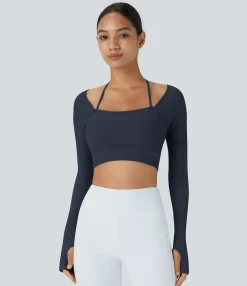Yoga Tops|Sports Tops<HALARA Ribbed Halter Strap Thumb Hole Cropped Yoga Sports Top