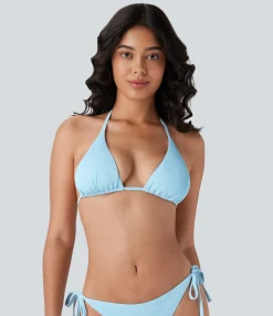 Beachwear<HALARA Ribbed Halter Tie Back Bikini Top Swimsuit