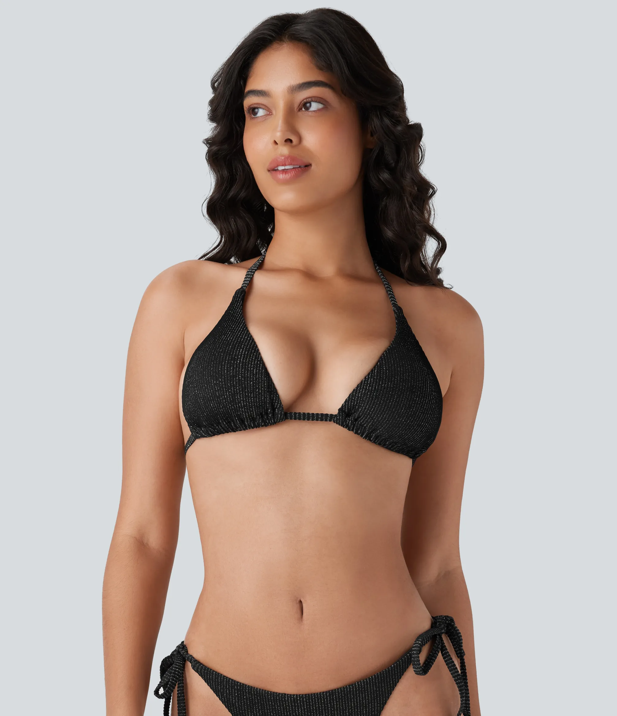Beachwear<HALARA Ribbed Halter Tie Back Bikini Top Swimsuit