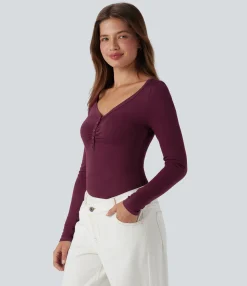 Casual Tops<HALARA Ribbed Henley Neck Long Sleeve Casual Top