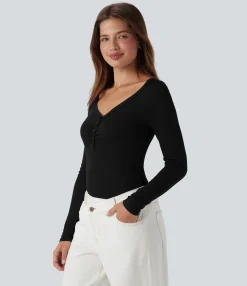 Casual Tops<HALARA Ribbed Henley Neck Long Sleeve Casual Top