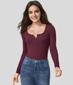 Casual Tops<HALARA Ribbed Henley Neck Long Sleeve Slim Casual Top